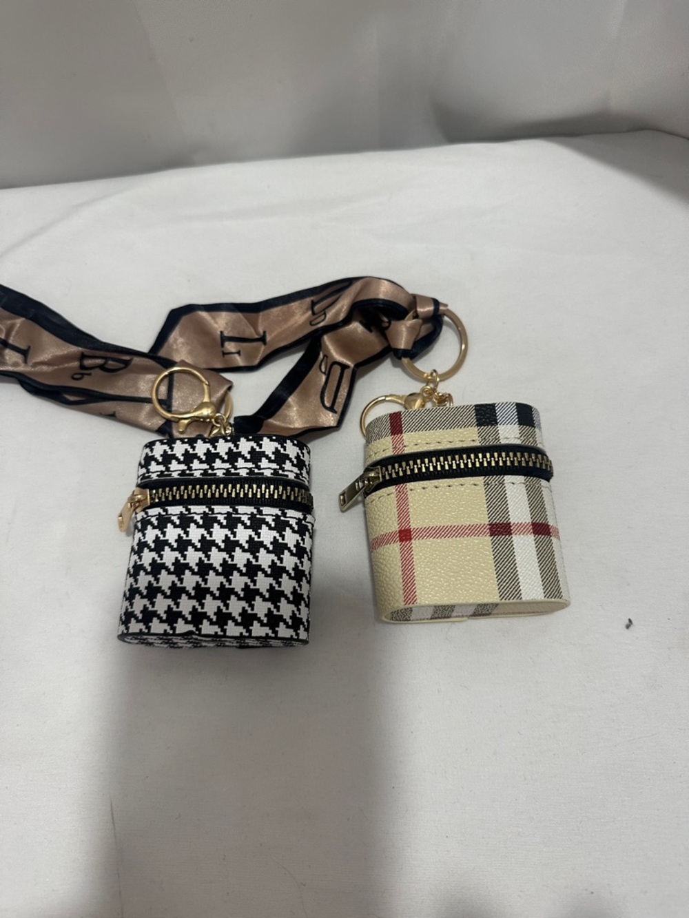 Beige & Black-Plaid Mini Pouch Keychains with Satin Scarf/ set of 2